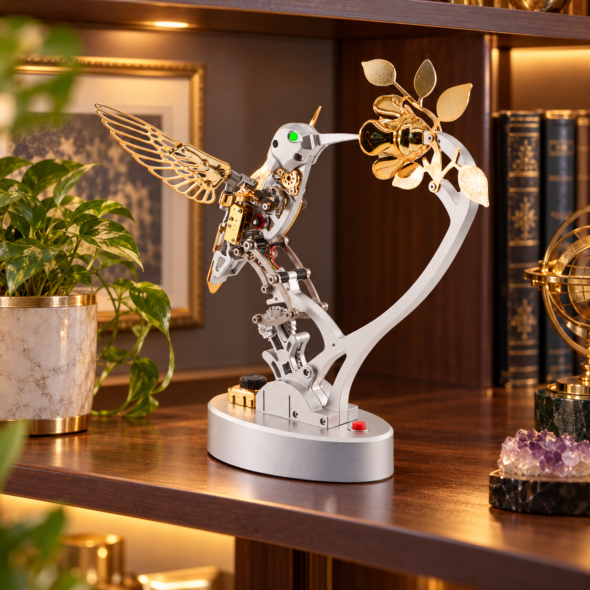 Mechanical hummingbird displayed as a kinetic metal sculpture for desk or shelf decor