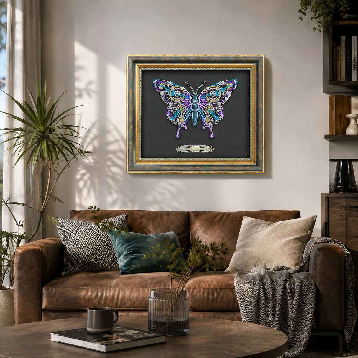 Framed mechanical butterfly metal art designed for decorative wall display