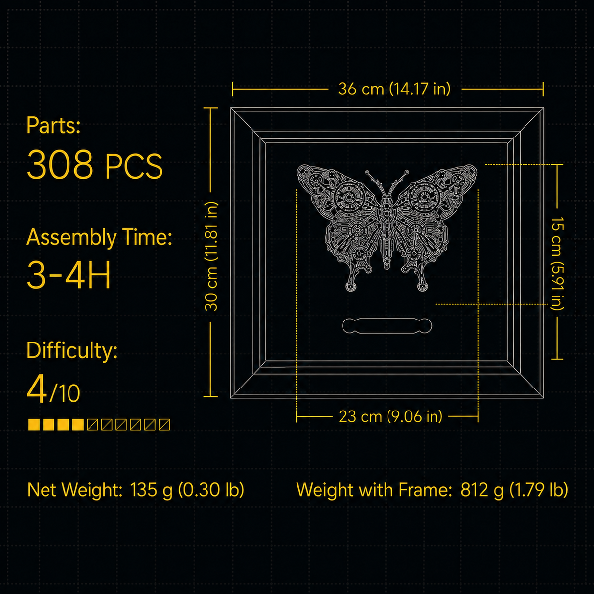 Mechanical Butterfly 3D Metal Puzzle Model Kit with Wooden Frame – DIY Framed Metal Wall Art for Adults