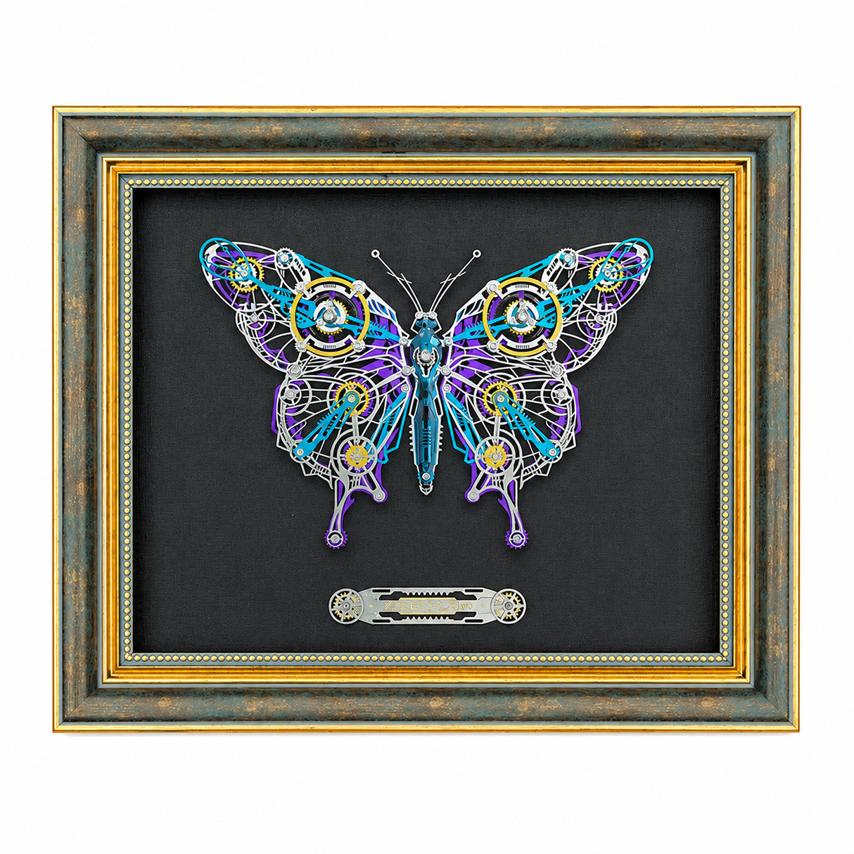 Mechanical butterfly 3D metal puzzle model displayed inside a decorative wooden frame