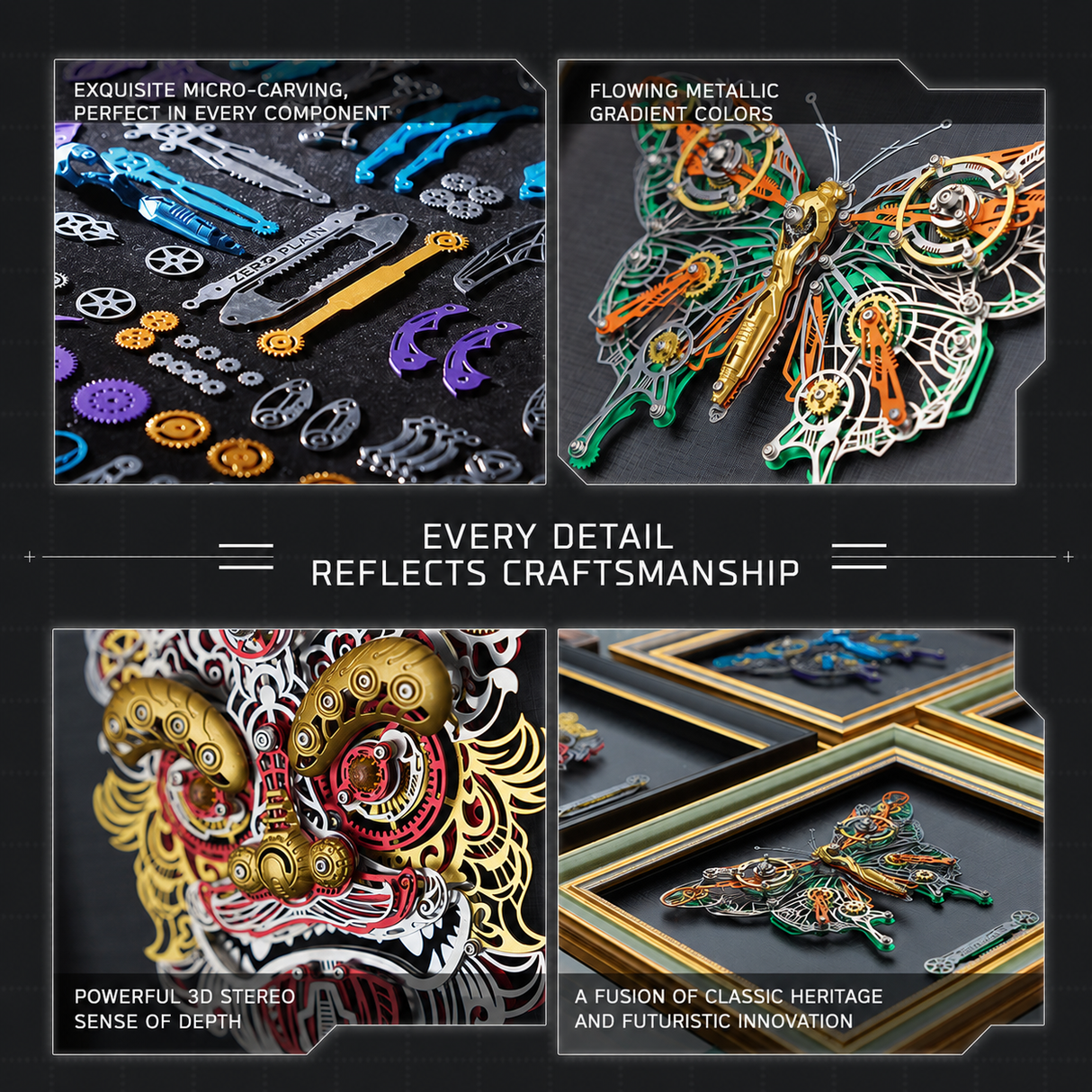 Steampunk mechanical butterfly framed model with colorful metal and gear details