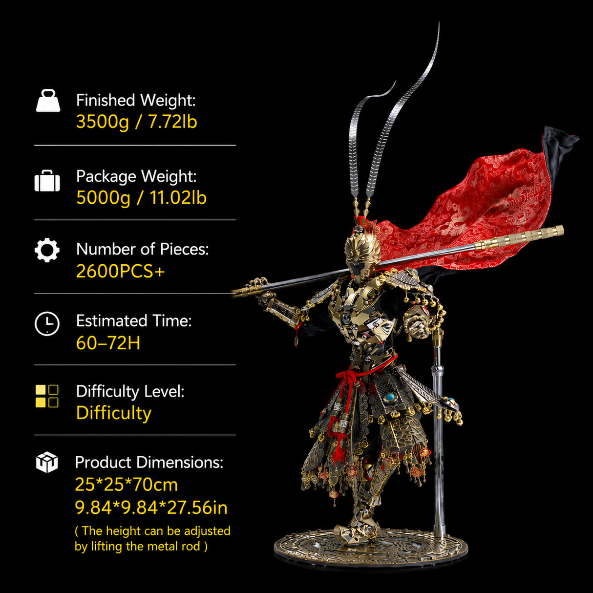 Dimensions and specifications of the Monkey King Warrior 3D metal mech model