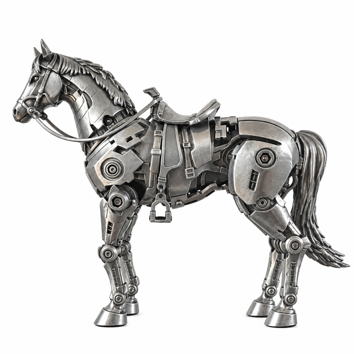 Close-up of mechanical horse metal model with articulated legs, layered armor and saddle details