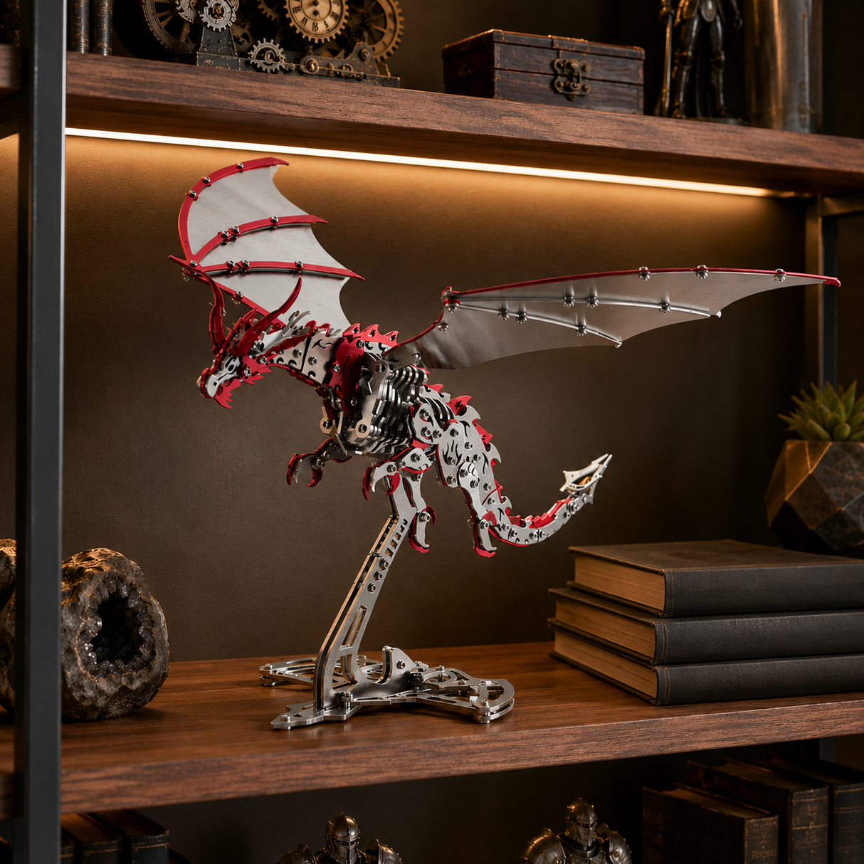 Finished Thunderwing Pterosaur metal sculpture displayed on a shelf