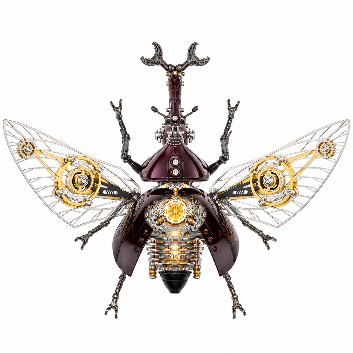 A steampunk beetle sculpture featuring a glossy dark purple body, intricate gold and silver mechanical gears, and large clear wings with gold mechanical details, set against a plain white background.