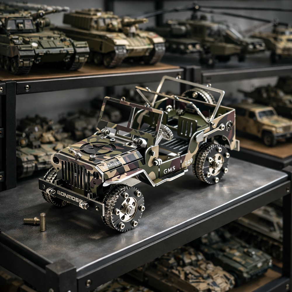 metal jeep model kit displayed on office desk modern workspace