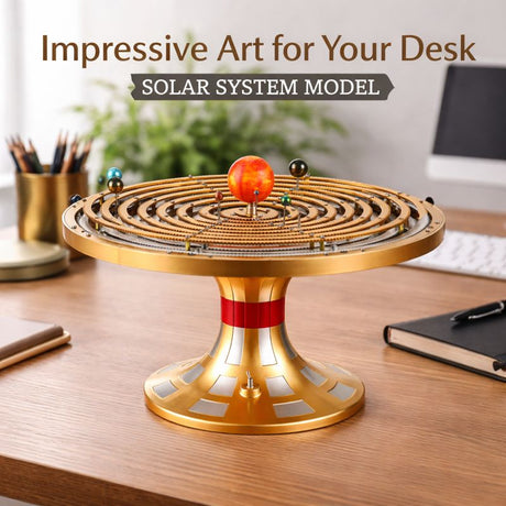 Mechanical solar system orrery displayed on a desk as educational and decorative art