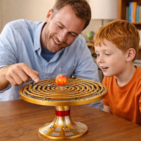 Parent teaching a child about planetary orbits using a mechanical solar system model