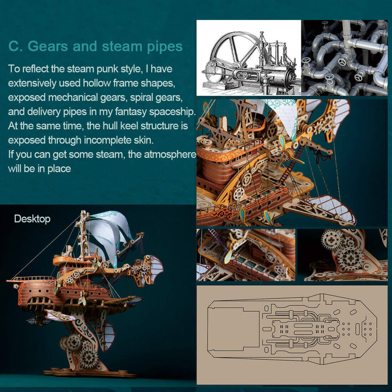Laden Sie das Bild in Galerie -Viewer, {Steampunk Fantasy Spaceship Wooden Puzzle Model Kit For Gift
