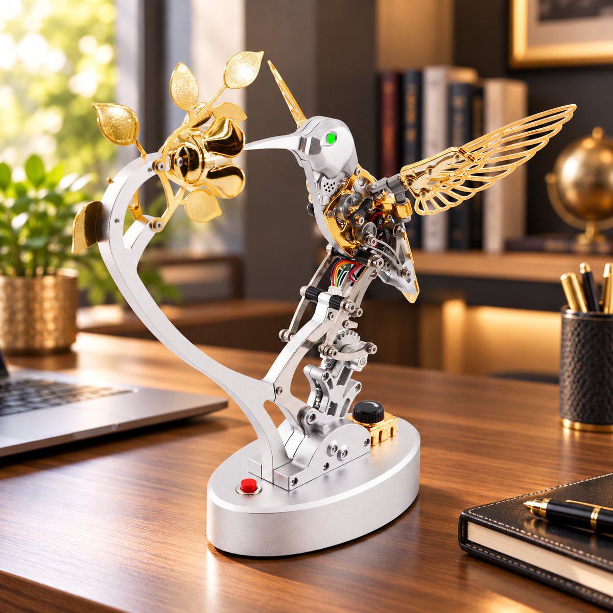 Mechanical hummingbird model kit with exposed gears, metal wings and biomimetic design