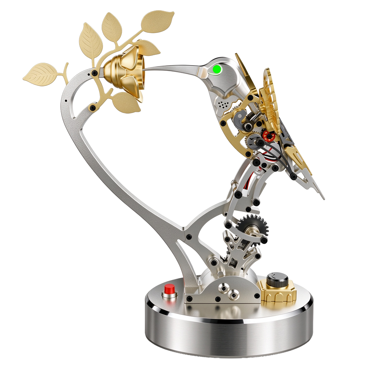 Bionic mechanical hummingbird 3D metal model kit with flapping wings, LED eyes and flower display