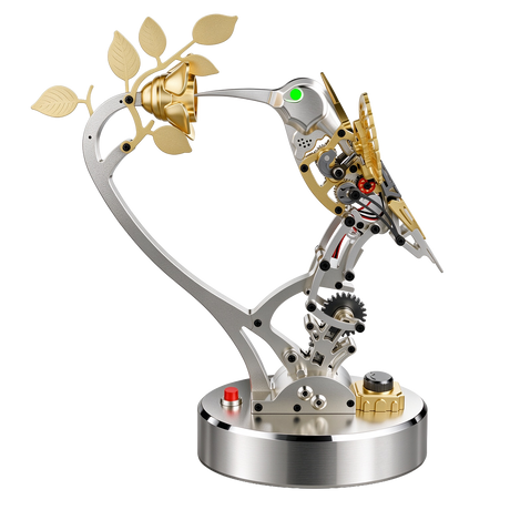 Bionic mechanical hummingbird 3D metal model kit with flapping wings, LED eyes and flower display