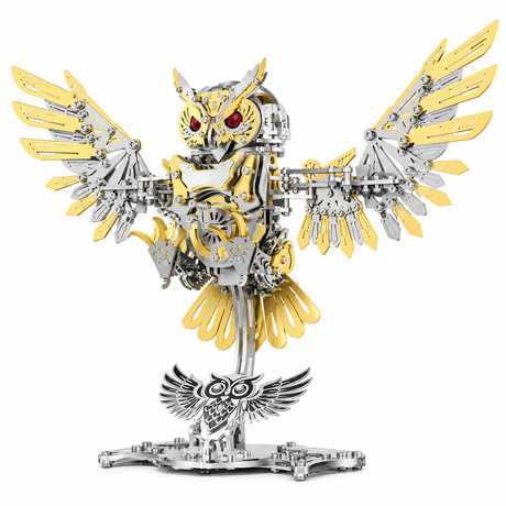Mechanical owl 3D metal model kit with articulated wings, exposed gears and cyberpunk-inspired design