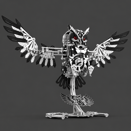 Cyberpunk mechanical owl metal model kit with red eyes, layered wings and detailed gear structure