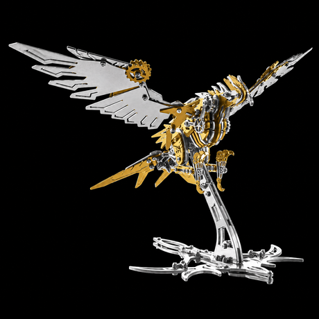 Fully assembled Mechanical Falcon Predator metal model ready for display.