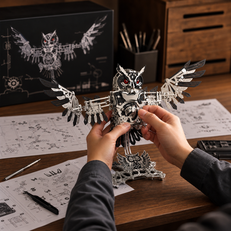 DIY mechanical owl model kit for adults with 733 metal parts and an 8–10 hour assembly time