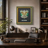 Mechanical lion head metal model displayed as framed office wall decor