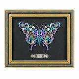 Mechanical butterfly 3D metal puzzle model displayed inside a decorative wooden frame