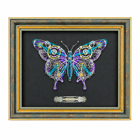 Mechanical butterfly 3D metal puzzle model displayed inside a decorative wooden frame