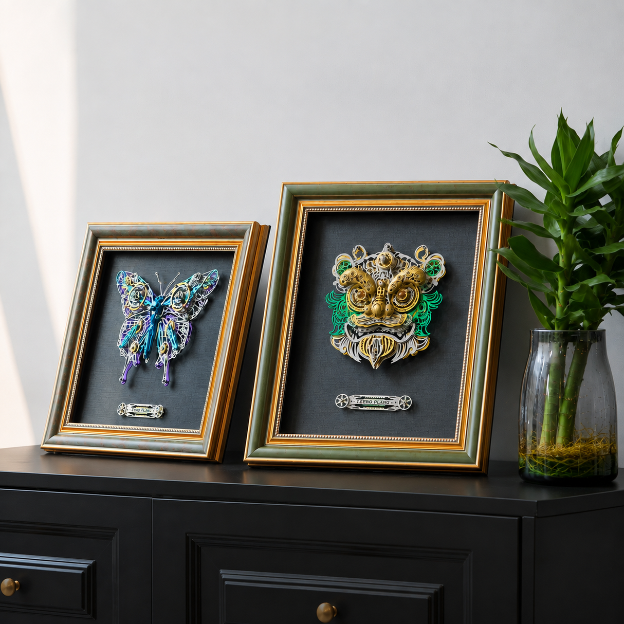 Completed mechanical butterfly 3D metal puzzle transformed into framed metal artwork