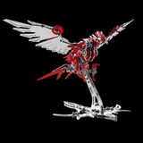 Mechanical Falcon Predator metal model kit made from 304 stainless steel with detailed mechanical wings and display stand.