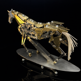 Moving mechanical horse model demonstrating simulated running motion with exposed gear system