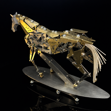 Moving mechanical horse model demonstrating simulated running motion with exposed gear system