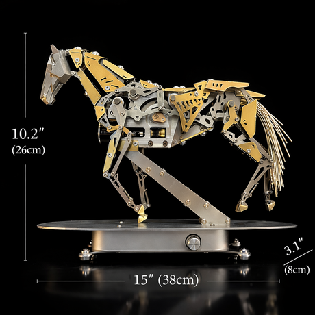 Mechanical horse metal model kit dimensions diagram showing size and structure details