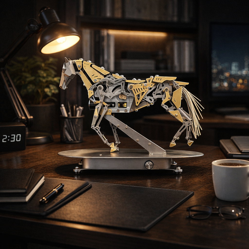Steampunk mechanical horse metal model displayed on desk with moving running mechanism
