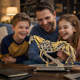 Family enjoying a moving mechanical horse metal model kit in the living room