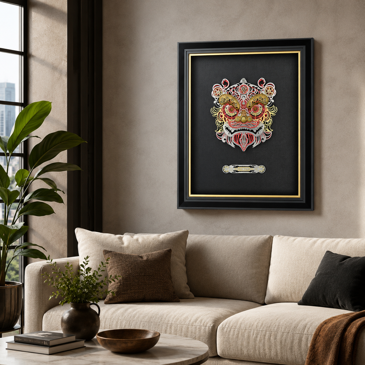 Framed mechanical lion head metal art for wall or tabletop display