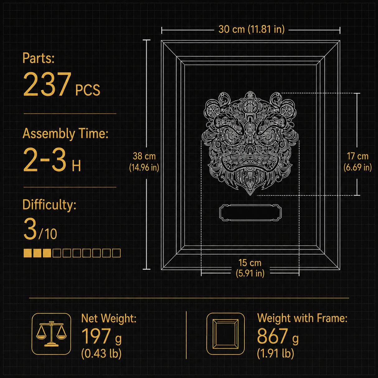Mechanical lion head metal puzzle model dimensions and product specifications