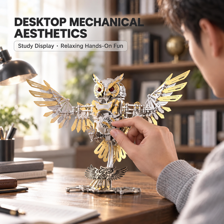 Mechanical owl displayed as a cyberpunk metal sculpture for desk, office or bookshelf decor
