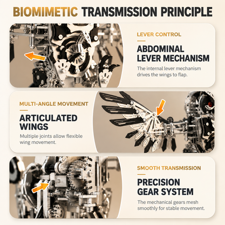 Close-up of mechanical owl gear transmission system that drives the articulated wings