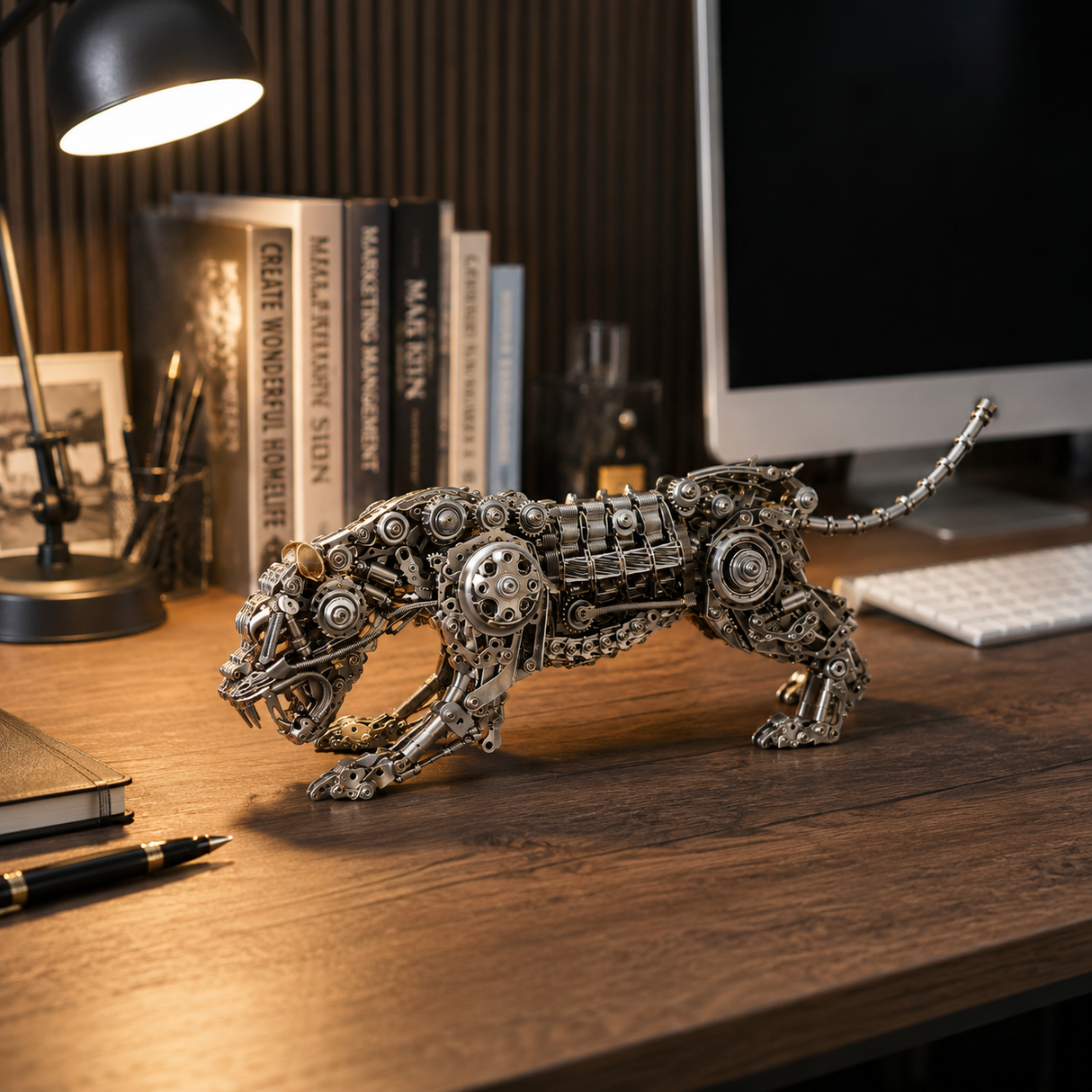 Mechanical panther model displayed on an office desk