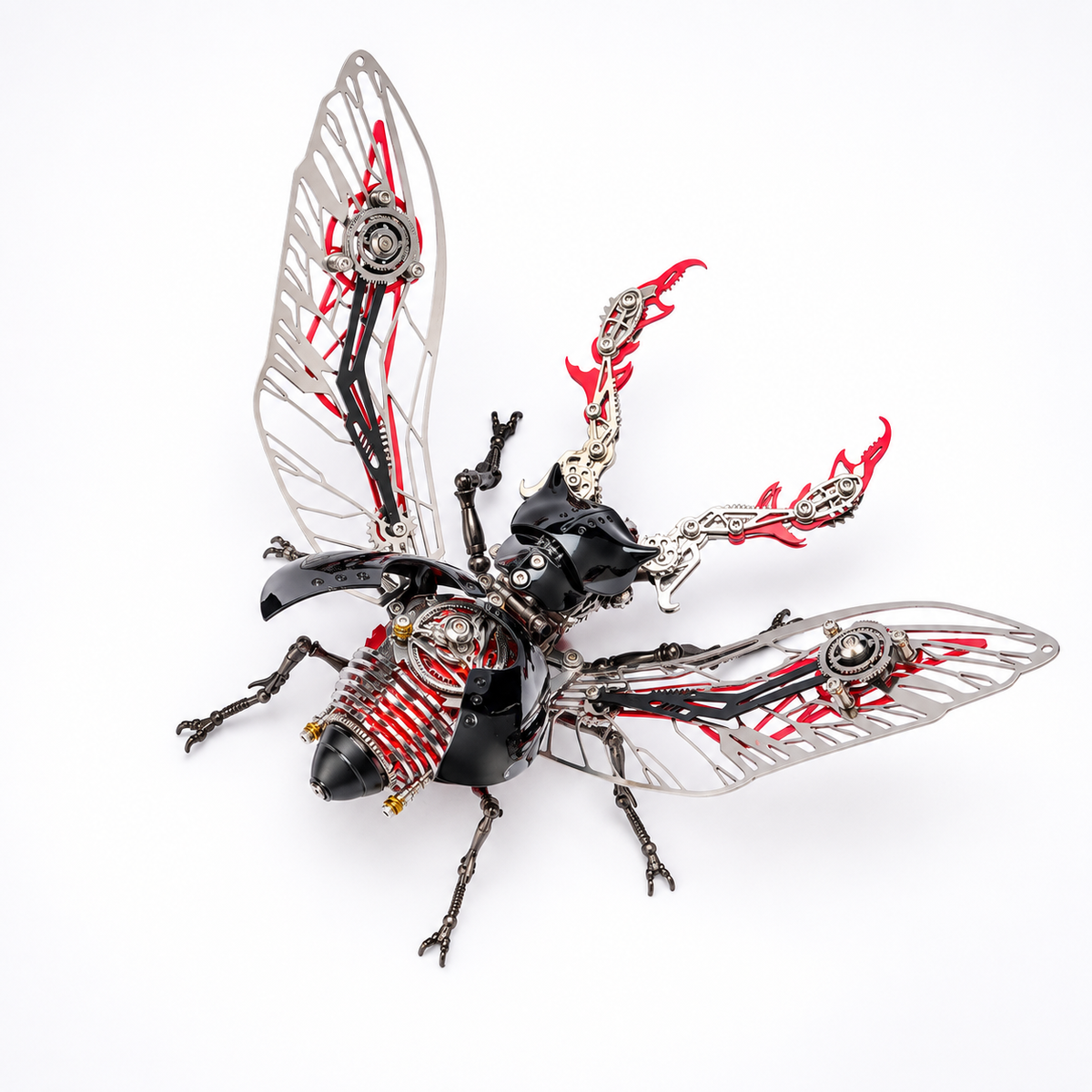A highly detailed, steampunk-style insect sculpture or collectible model, resembling a cicada or beetle, featuring metallic silver wings with intricate gear mechanisms, a glossy black body, and red flame-like accents on its thorax and back, set against a plain white background.