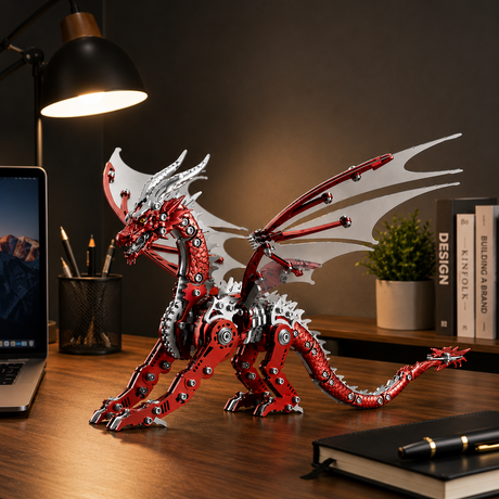 Mechanical winged dragon 3D metal model kit displayed on an office desk