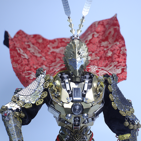 Close up of the flowing red cape and armor details on the Monkey King warrior model