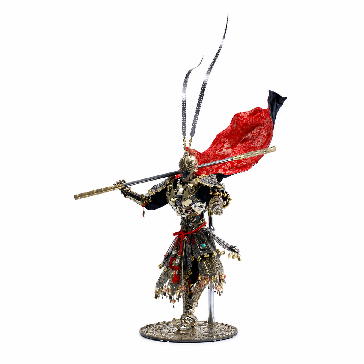 Monkey King Warrior 3D metal mech model kit with staff weapon and flowing red cape