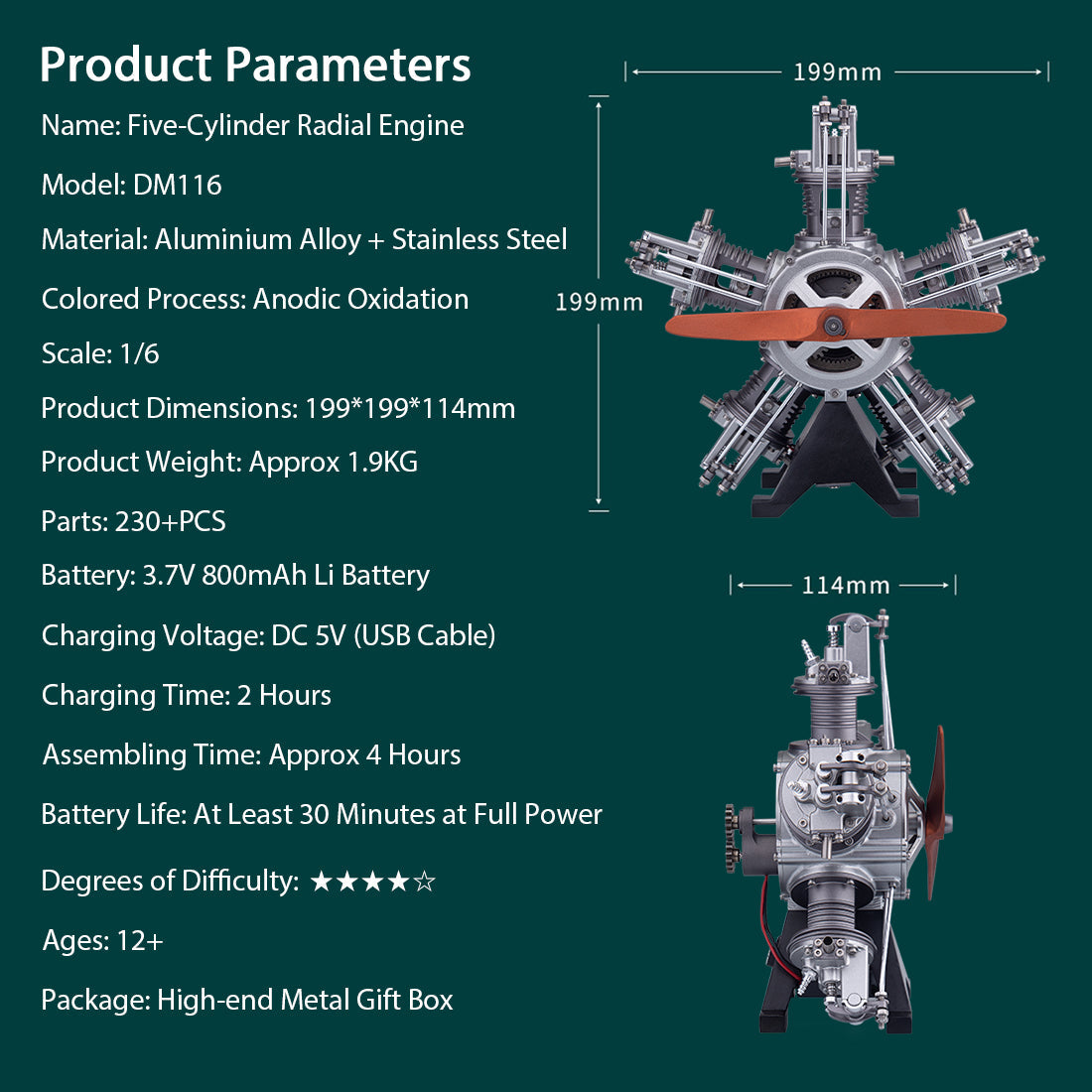 Radial Engine Metal 1/6 Scale Model 250PCS puzzle Kit Science Experiment Toy