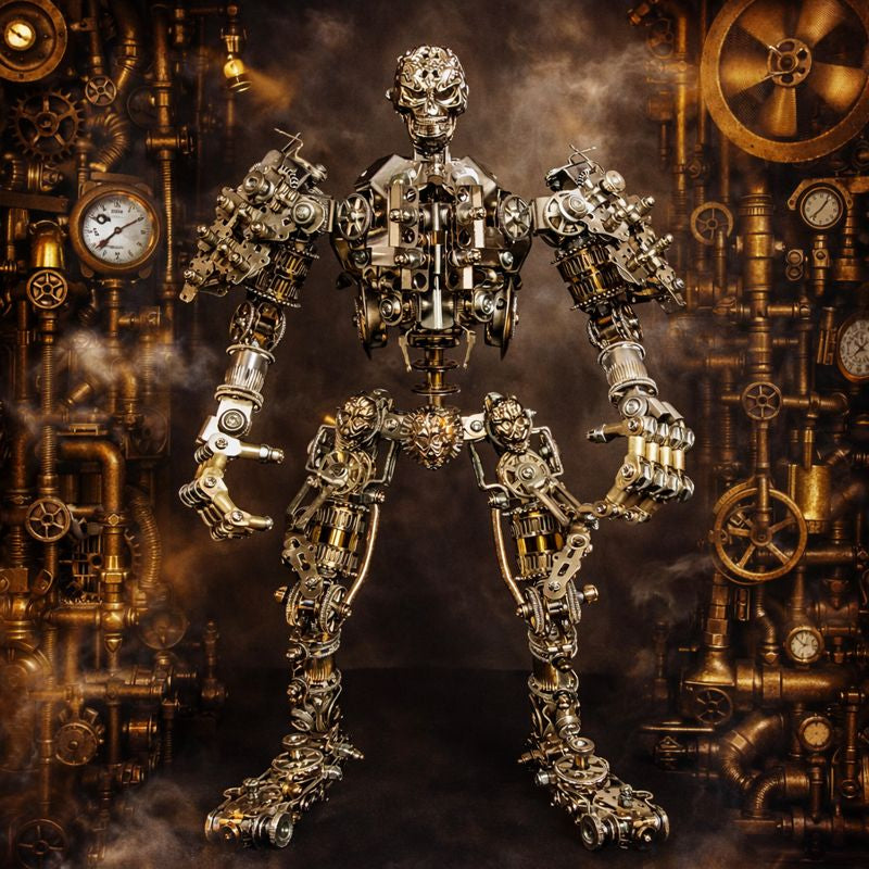Steampunk-style robot figure with intricate mechanical details against a steam punk background.