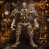 Steampunk-style robot figure with intricate mechanical details against a steam punk background.