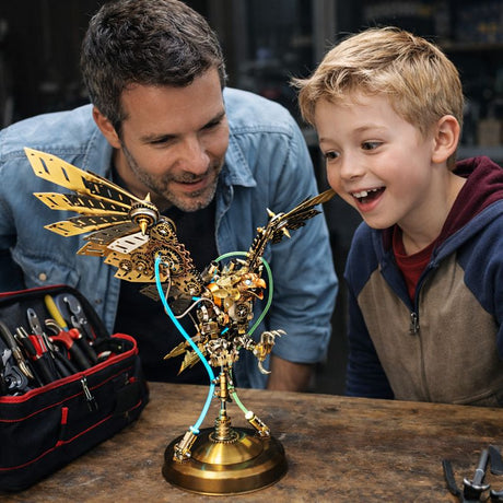 Steampunk eagle metal mechanical model displayed on office desk