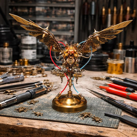 DIY steampunk eagle metal model kit during assembly on workbench