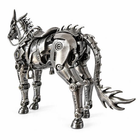 Detailed mechanical horse structure with articulated joints and precision metal components
