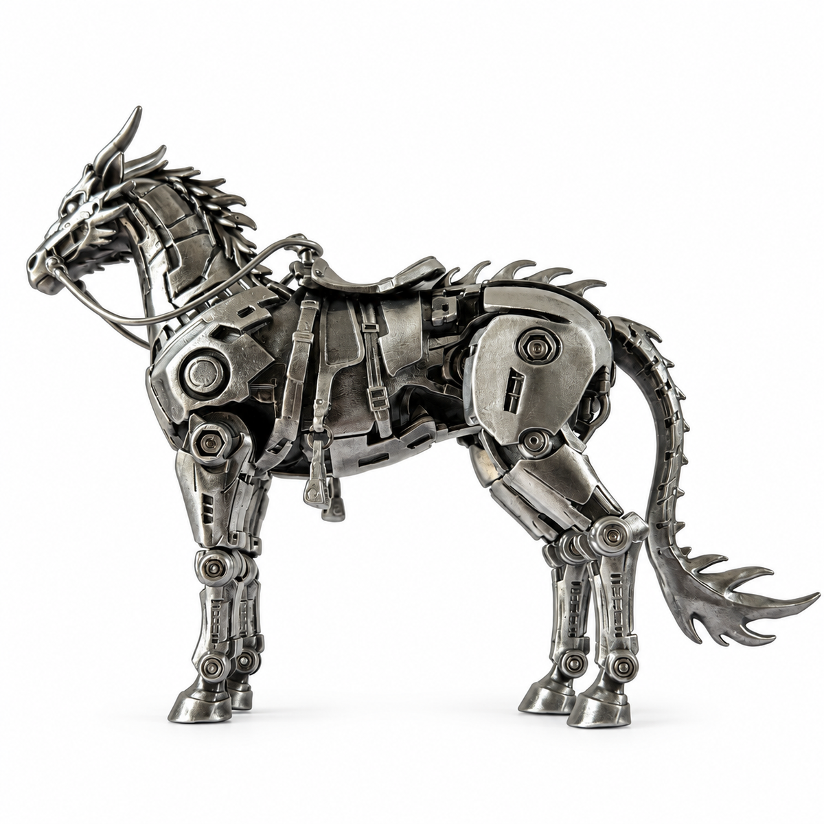 Steampunk mechanical horse and carriage model with industrial metal details and vintage-inspired design