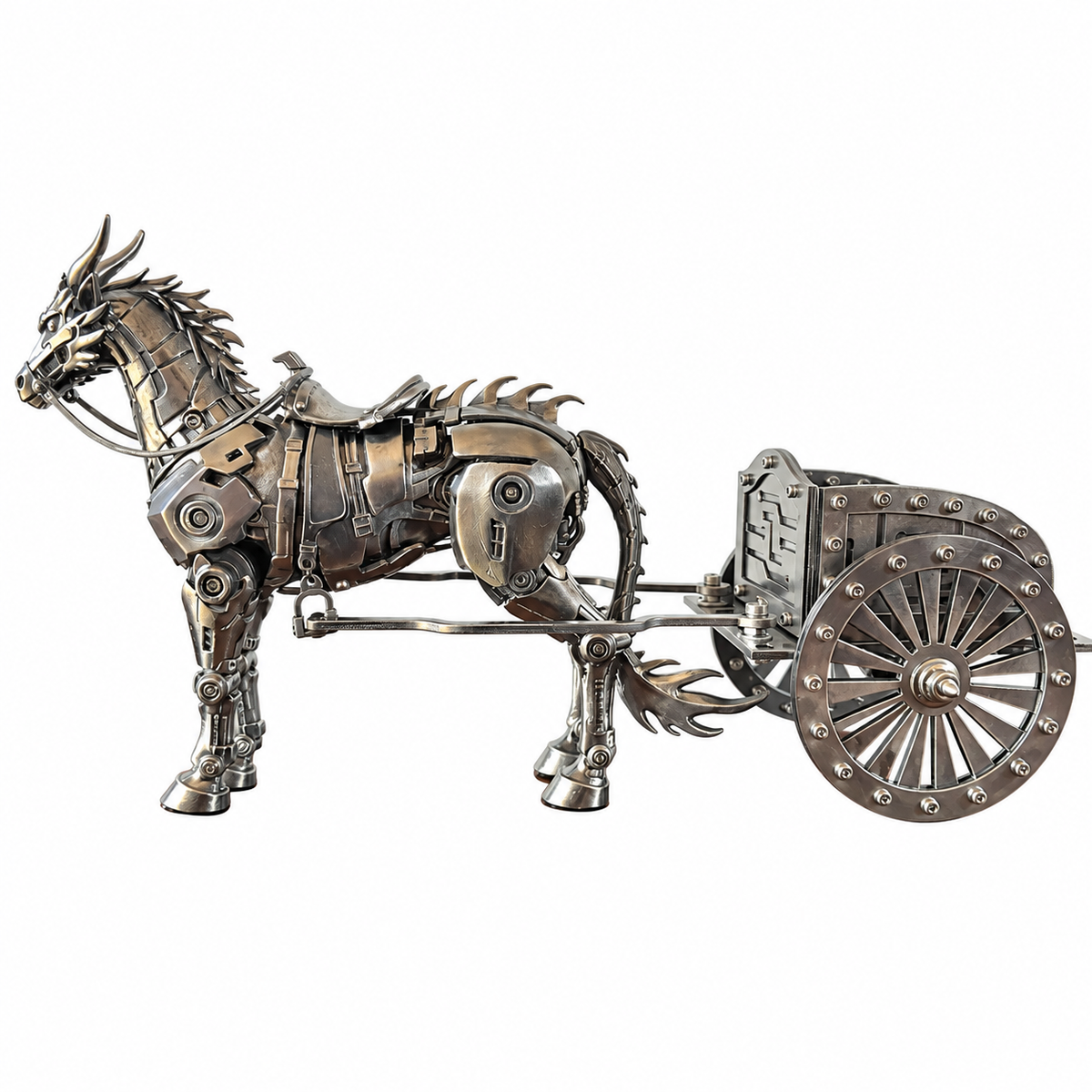 Mechanical horse model kit with a detailed two-wheel metal carriage and industrial design