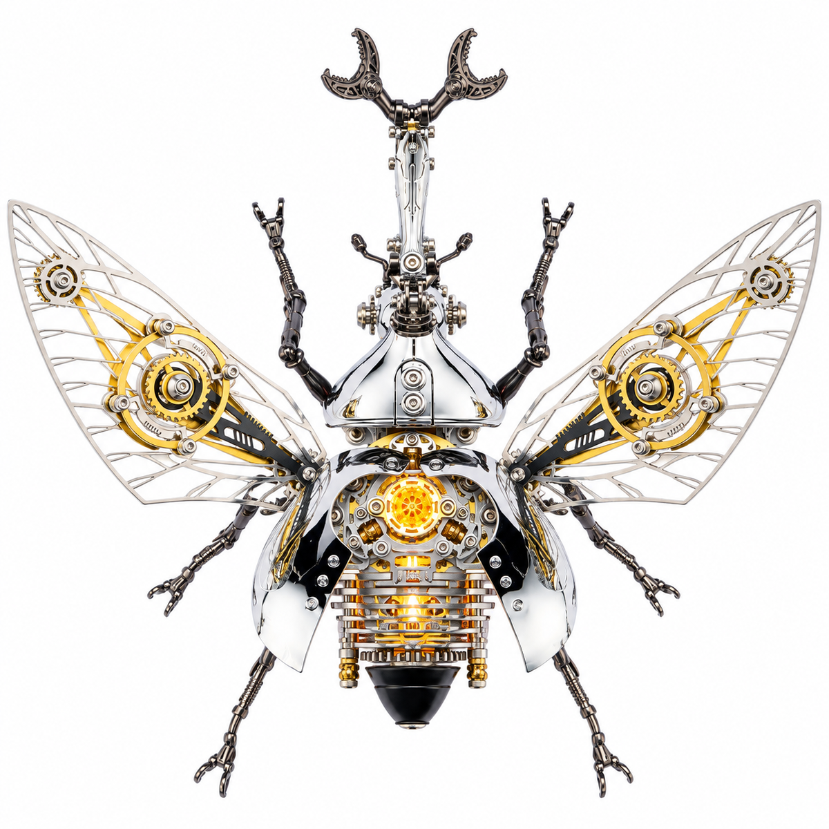 A steampunk beetle sculpture with intricate metallic parts, gold gears, and translucent wings on a plain white background.