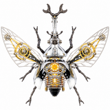 A steampunk beetle sculpture with intricate metallic parts, gold gears, and translucent wings on a plain white background.