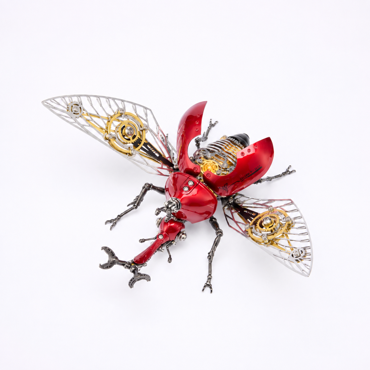 A highly detailed, steampunk-style beetle sculpture or collectible figurine, featuring a glossy red body, intricate silver mechanical legs, and gold-toned gears integrated into its wings.